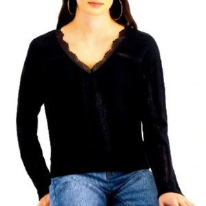 Self Esteem V-Neck Long Sleeve Lace Trim Top